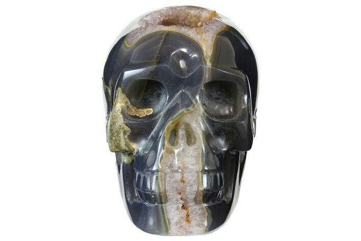 Polished Blue Agate Skull with Amethyst Crystal Pocket #155741